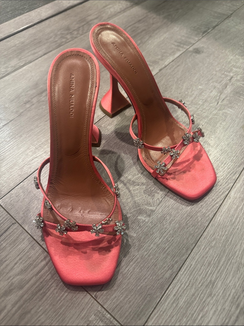 Amina Muaddi Coral Pink Satin Crystal Embellished Mule Sandals Size 38 Italy
